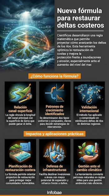 Imagen de un delta fluvial dentro de una esfera de luz y líneas, con fórmulas matemáticas flotando en el cielo oscuro; un río sinuoso desemboca en el mar.