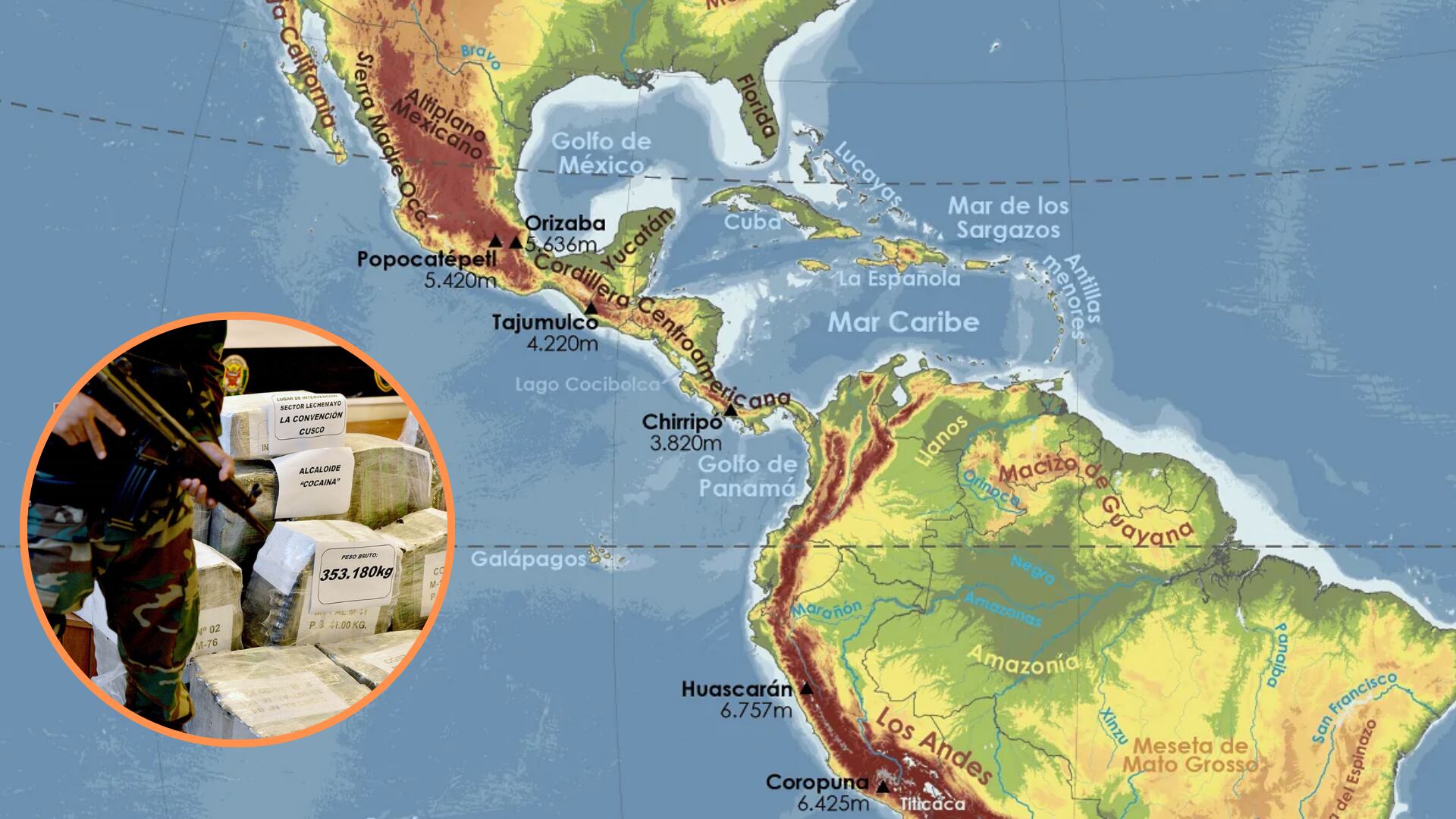 El tráfico de cocaína en Sudamérica opera de manera continua, conectando zonas productoras en Perú, Bolivia y Colombia con destinos finales en Estados Unidos. (Composición: Infobae)