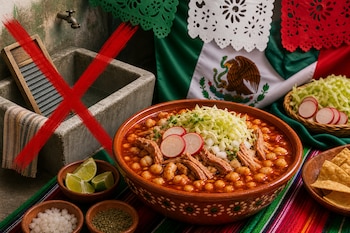 Cazuela con pozole rojo, rábanos y lechuga junto a limones, la bandera de México y un lavadero de piedra tachado con una cruz roja.
