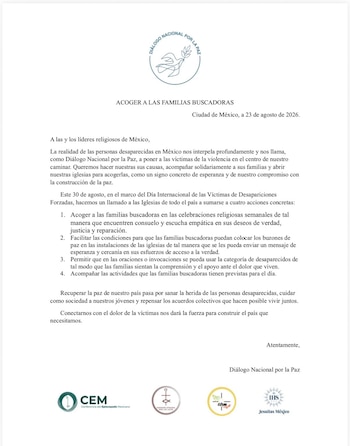 Documento titulado Acoger a las familias buscadoras, firmado por el Diálogo Nacional por la Paz en Ciudad de México, con logotipos religiosos