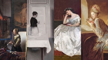 Cuatro pinturas dispuestas en hilera que muestran a mujeres leyendo o sosteniendo cartas y papeles dentro de habitaciones.