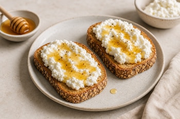 Dos rebanadas de pan tostado cubiertas de queso blanco y miel en un plato, junto a un recipiente con miel y un palito mielero.