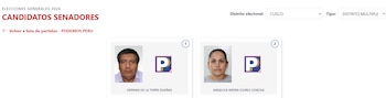 Captura de pantalla de una página web mostrando dos perfiles de candidatos al Senado: un hombre y una mujer, con sus nombres y el logo del partido Podemos Perú