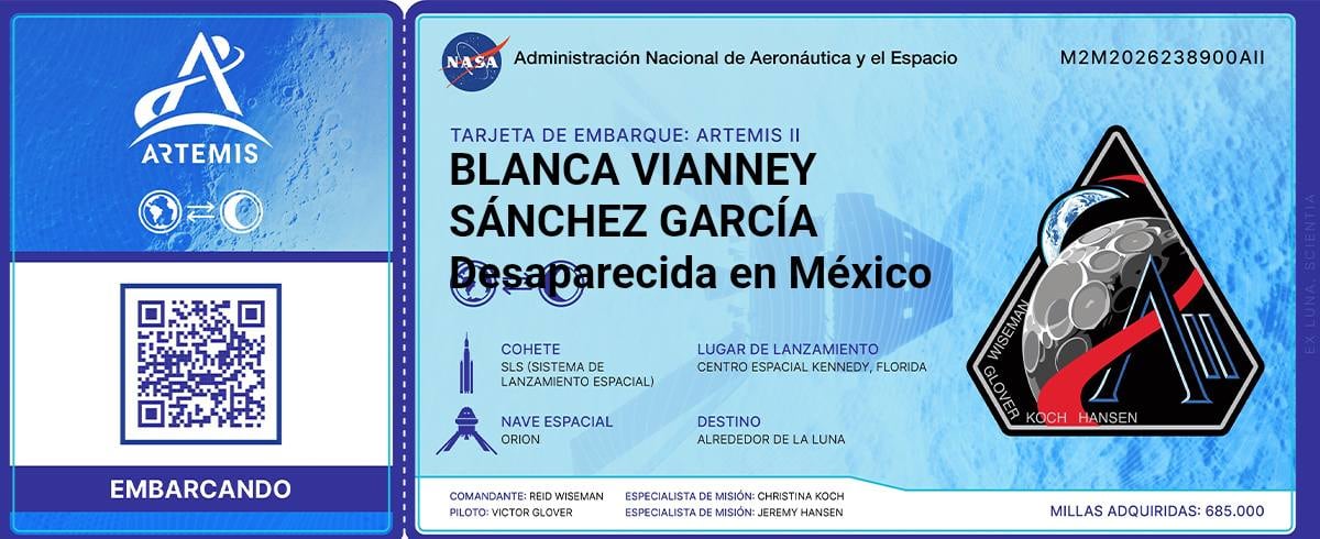Los nombres de 52 personas desaparecidas en Nuevo León fueron enviados al espacio como parte de la misión Artemis II de la NASA, en una acción simbólica para visibilizar la crisis de desapariciones en México. (Facebook: Fuerzas Unidas por Nuestros Desaparecidos (as) en Nuevo León)