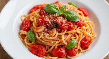 Primer plano de espaguetis con salsa de tomate rojo brillante, trozos de tomate, ajo, albahaca fresca y queso rallado en un plato blanco.