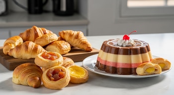 Un budín napolitano de chocolate, vainilla y fresa con crema y cereza, rodeado de facturas, medialunas y otras piezas de panadería, sobre una mesada de cocina blanca.