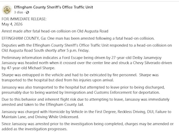 Este fue el primer reporte que se conoció tras la captura del ciudadano colombiano por parte de la Unidad de Tráfico de la Oficina del Sheriff del Condado de Effingham - crédito Effingham County Sheriff’s Office Traffic Unit/Facebook