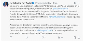 Equipos técnicos y cuerpos de socorro se movilizaron hasta la mina afectada por la explosión para reforzar la búsqueda y el rescate de los trabajadores atrapados - crédito Jorge Emilio Rey/X