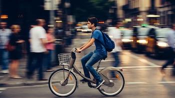 Adolescente en bicicleta eléctrica gris en una calle concurrida. Viste camiseta azul, jeans, mochila, auriculares. Fondo urbano borroso de personas y vehículos.