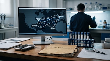 Un monitor con un mapa de conexiones, tubos de ensayo en un soporte, una carpeta titulada Caso Frío 2024 y una lupa sobre un escritorio.