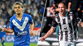 Imagen dividida con dos futbolistas, uno con camiseta azul a la izquierda y otro con camiseta a franjas negras y blancas a la derecha