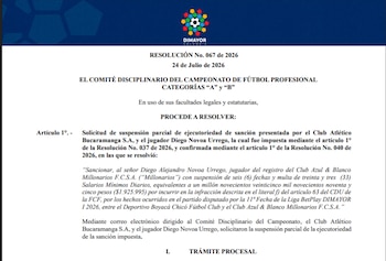 El Comité Disciplinario de la Dimayor suspendió la sanción de Diego Novoa y lo habilitó para el debut de Atlético Bucaramanga en la Liga BetPlay 2026-II ante Millonarios.-crédito Dimayor