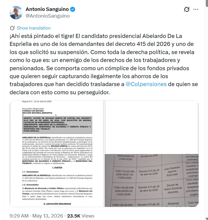 Sanguino acusó a De la Espriella de oponerse al traslado de recursos hacia Colpensiones - crédito @AntonioSanguino/X