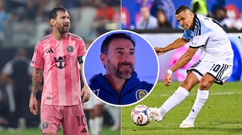 Fotomontaje con Lionel Messi a la izquierda, el rostro de un entrenador en el centro y un futbolista pateando un balón a la derecha.