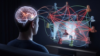 Hombre de espaldas viendo una pantalla en una habitación oscura. Un cerebro luminoso flota sobre su cabeza, conectado a doce iconos de personajes ficticios con líneas.