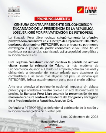 Perú Libre anuncia la presentación