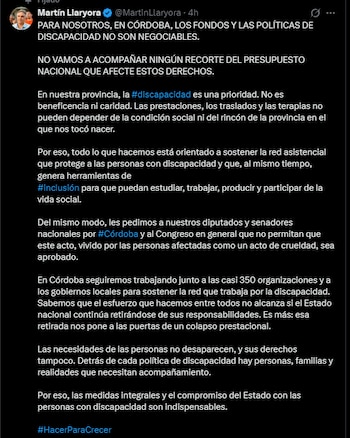 Captura de pantalla de una publicación en la red social X del gobernador Martín Llaryora sobre el presupuesto de discapacidad