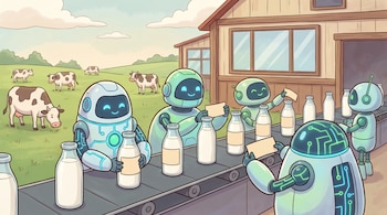 Caricatura de robots etiquetando botellas de leche en una cinta transportadora en una cooperativa lechera, con vacas en un campo y un granero al fondo.