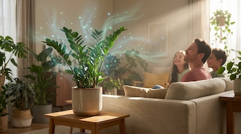 Primer plano de una planta Zamioculca con partículas luminosas y humo etéreo; una familia sonriente se relaja en un sofá en el fondo.
