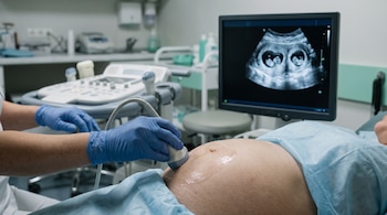 Manos con guantes azules apoyan un transductor sobre un abdomen con gel junto a una pantalla que exhibe la ecografía de dos embriones.