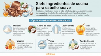 Infografía con ilustraciones de maicena, leche de coco, leche, miel, vinagre, yogur y aceite junto a textos descriptivos.