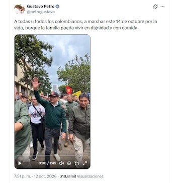 Petro acompañará las marchas en Bogotá, y pidió que sean movilizaciones pacíficas - crédito @petrogustavo/X
