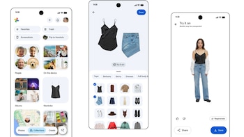 Tres pantallas de smartphone muestran una aplicación de gestión de vestuario y prueba de ropa virtual. En la pantalla final, una modelo usa las prendas