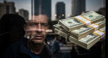 Rostro de un hombre con barba corta mirando a través de un vidrio con reflejos; detrás, pilas de billetes de cien dólares y edificios borrosos.
