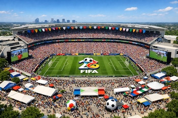 Vista aérea de un estadio moderno con el logo FIFA 2026 en el césped, rodeado de banderas y un fan fest exterior lleno de aficionados, carpas y pantallas.