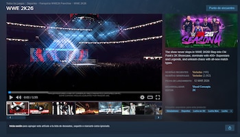 Página de tienda de videojuegos con título WWE 2K26, reproductor de video con arena de lucha libre, carátula del juego, fecha de lanzamiento, desarrollador y etiquetas