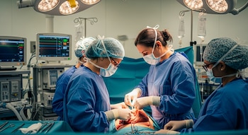 Cuatro cirujanos en batas azules, mascarillas y gorros quirúrgicos realizan una operación de trasplante en un quirófano con monitores de signos vitales y luces.