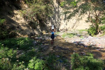 Una joven sin agua corriente en casa lleva sobre la cabeza un recipiente con agua recogida en un barranco en Puerto Príncipe, Haití, el 21 de marzo de 2023. (AP Foto/Odelyn Joseph)