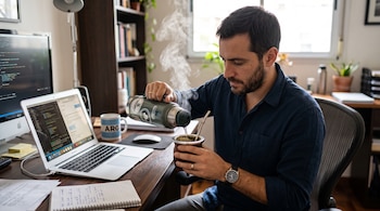 Un hombre sentado a un escritorio vierte agua de un termo verde en un mate, junto a una computadora portátil, un monitor y una taza.