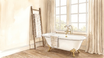 Bañera blanca con patas doradas junto a un ventanal, una escalera de madera con toallas y cortinas claras sobre un suelo de madera.