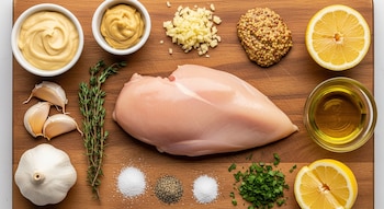 Una pechuga de pollo cruda, mostazas, limones, ajo entero y picado, tomillo, perejil, sal, pimienta y aceite de oliva sobre una tabla de madera.