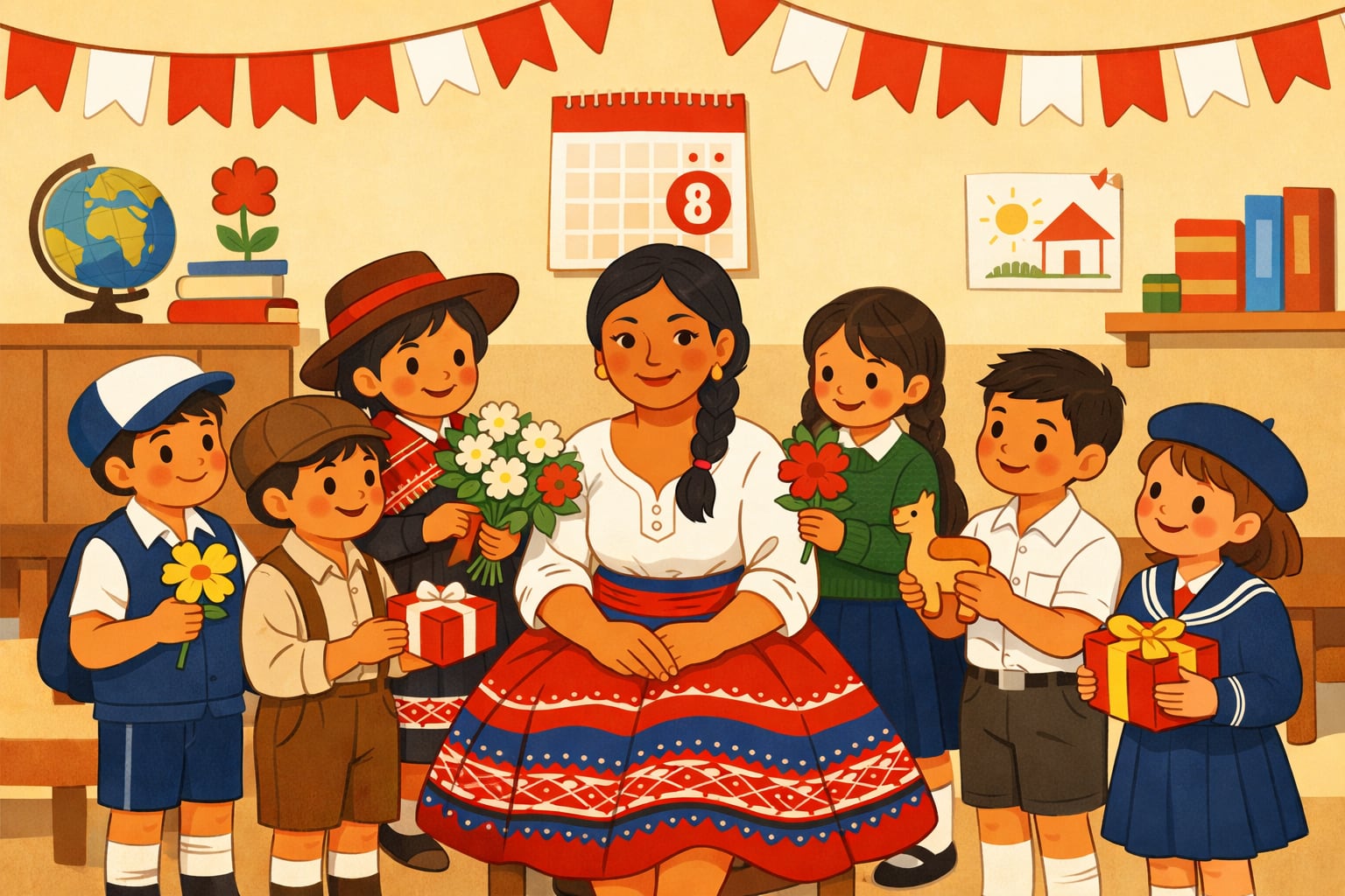Una madre peruana, vestida con falda tradicional andina, recibe obsequios y flores de niños de distintas regiones y épocas en un aula escolar decorada festivamente, simbolizando un homenaje nacional a su día. (Imagen Ilustrativa Infobae)