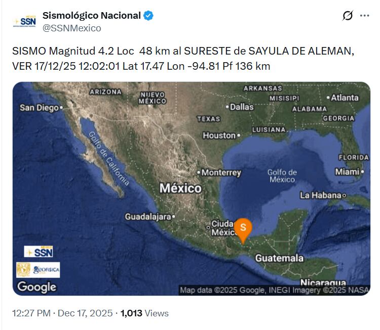 O terremoto aconteceu na quarta-feira, 17 de dezembro. Foto: X/@SSNMexico.