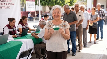 Mujer mexicana de la tercera edad, cabello blanco, sonríe a cámara con tarjeta verde de Banco del Bienestar. Detrás, módulo de registro y fila de adultos mayores.