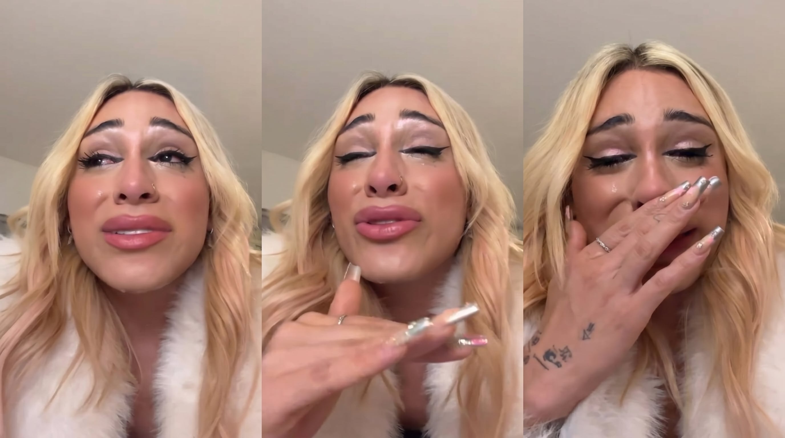 La influencer Danelik aparece en tres imágenes contiguas, llorando y visiblemente afectada, con un rostro que denota profunda tristeza ante la cámara. (Imagen Ilustrativa Infobae)