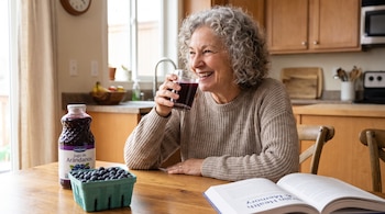 Mujer de cabello rizado gris sonríe bebiendo jugo en un vaso. Sobre la mesa, una botella de jugo de arándanos, un envase con arándanos frescos y un libro abierto.