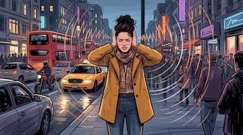 Ilustración de una mujer que se tapa los oídos en una calle con automóviles, un taxi amarillo, autobuses rojos y peatones.