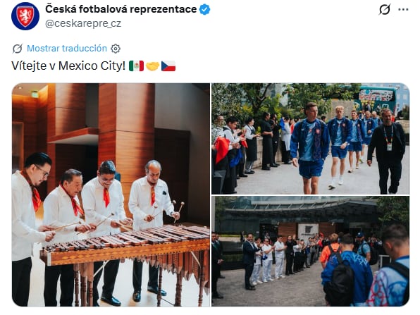 Con marimba, sombreros y un gran recibimiento, la Selección Checa arribó a su hotel de concentración en el Ciudad de México. (X/ @ceskarepre_cz)