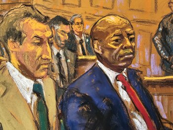 El alcalde de Nueva York, Eric Adams, sentado en un tribunal federal junto a su abogado Alex Spiro (REUTERS/Jane Rosenberg)