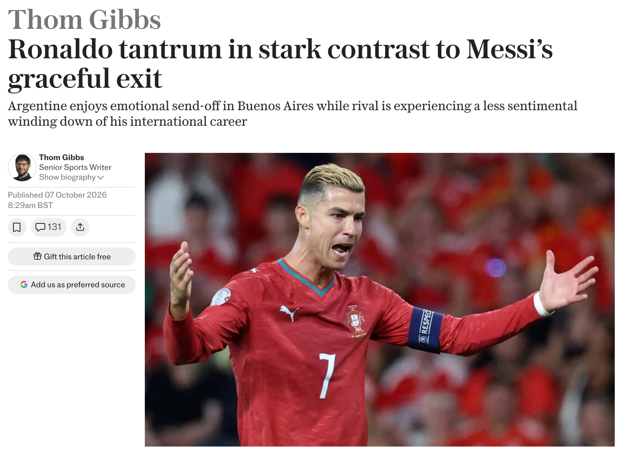 The Telegraph marcó las diferencias en las despedidas Cristiano Ronaldo y Lionel Messi