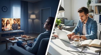 Dúo de imágenes: hombre viendo televisión con snacks en sala oscura; hombre trabajando en portátil con libros y taza de café en oficina.