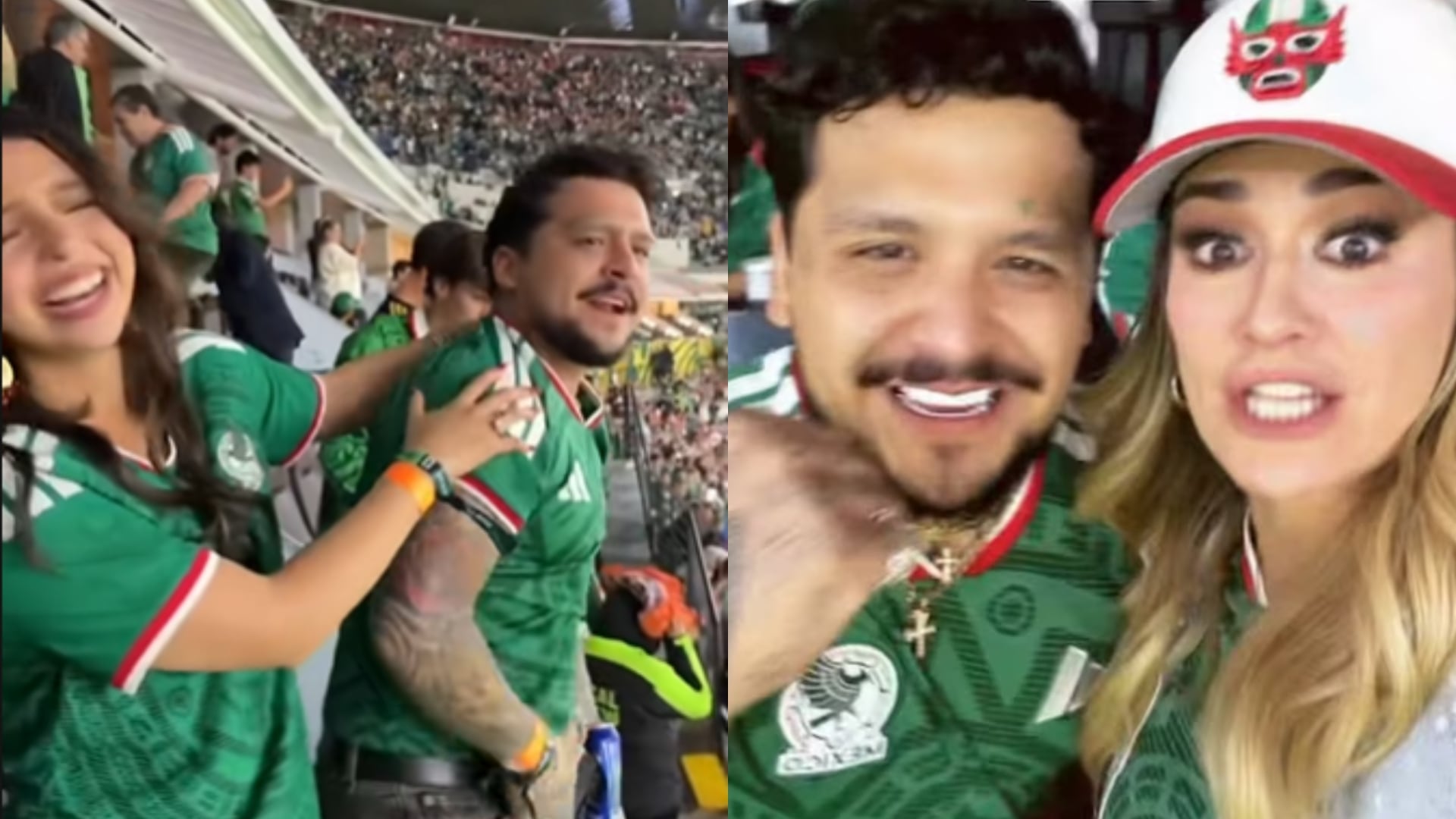 Captaron a Christian Nodal abrazando a María José durante un gol y esquivando, sin querer o no, el abrazo que Ángela Aguilar intentó darle en el palco del Estadio Ciudad de México. (Captura de pantalla La Josa / @_nodalistajr_)