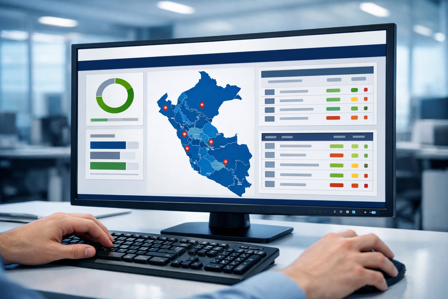 Una plataforma digital del Jurado Nacional de Elecciones (JNE) muestra el seguimiento de actas con gráficos de avance, un mapa de Perú y listas detalladas, operada por manos anónimas en una oficina moderna. (Imagen Ilustrativa Infobae)