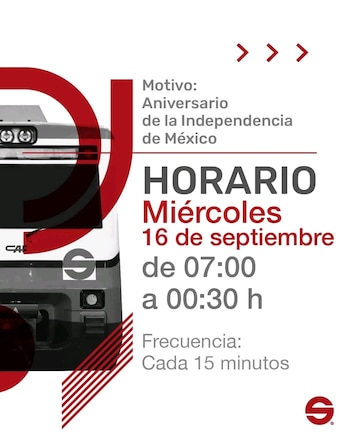 Horario tren Suburbano 16 de septiembre (especial)