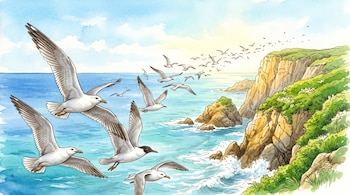 Ilustración de varias gaviotas en vuelo sobre el mar frente a una ladera escarpada y rocosa con hierba