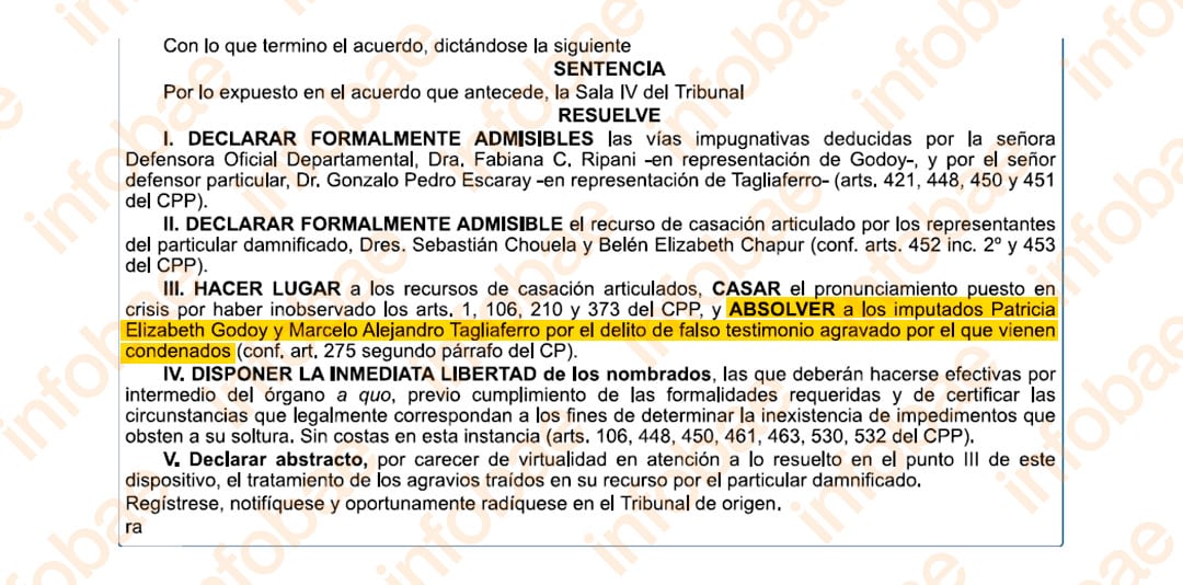 Godoy y Tagliaferro fueron absueltos. Fragmento del fallo judicial